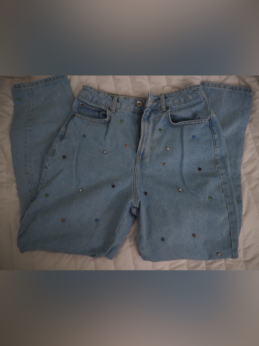 ZARA Light Wash Denim Rainbow Rhinestone Gem Studded Mom Jeans - Size 4